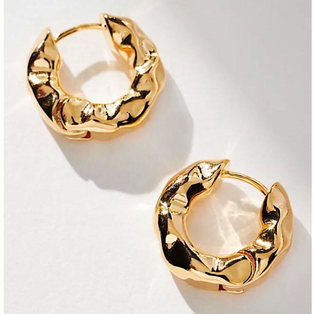 NEW ~ Anthropologie Crinkled Gold Huggie Hoop Earrings